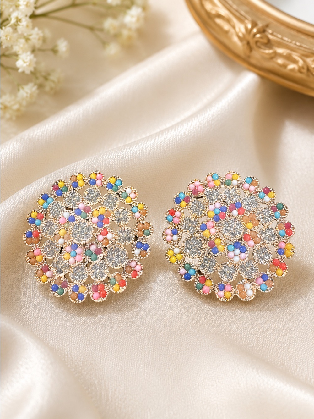 Gold Multicolor Floral Cluster Stud Earrings - Women Jewelry